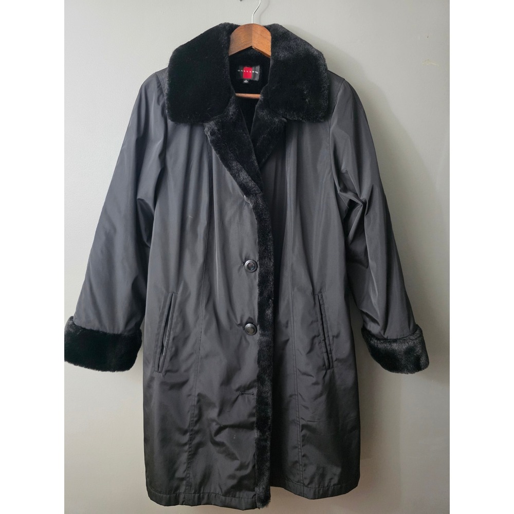 Gallery Womens Black Faux Fur Trim Trench Coat Jacket Small Button Front Lining